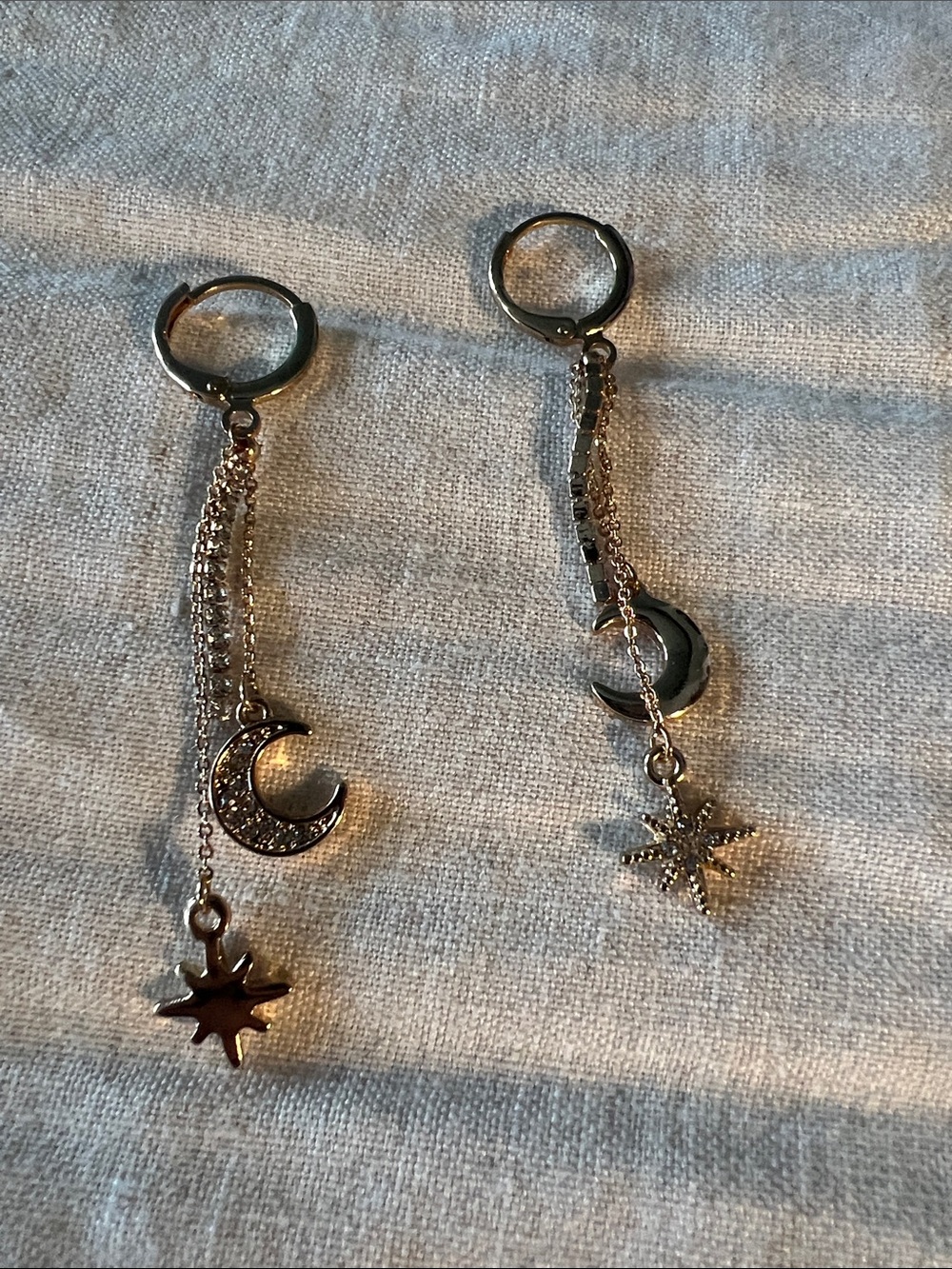 Crystal Moon & Star Drop Hoop Earrings - Gold Tone